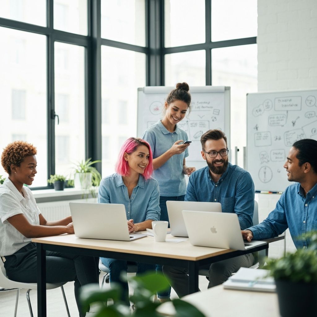 Diverse team working on educational content